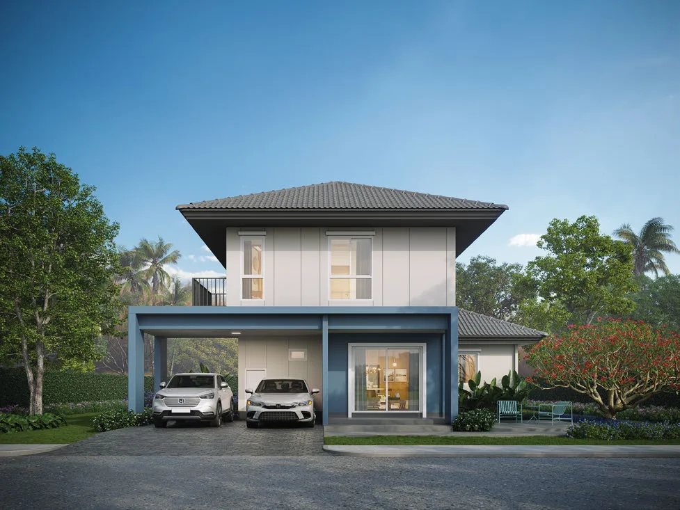 The MOONLIGHT house, 152 sq m, from the front: a grey-blue two-car carport on the left, the living room behind a glass door, a balcony on the upper floor