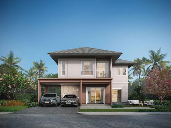 The SUNSHINE house, 163 sq m, from the front: a terracotta two-car carport, a full-height living-room window, a sofa on the lawn under a flowering tree to the right