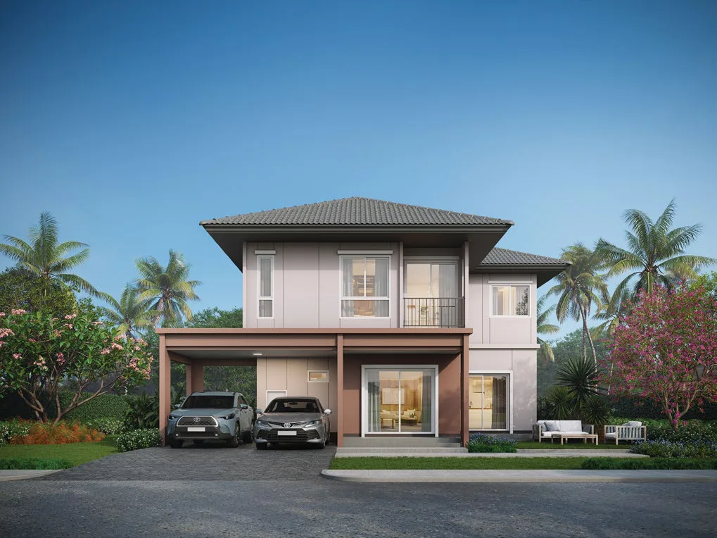 The SUNSHINE house, 163 sq m, from the front: a terracotta two-car carport, a full-height living-room window, a sofa on the lawn under a flowering tree to the right