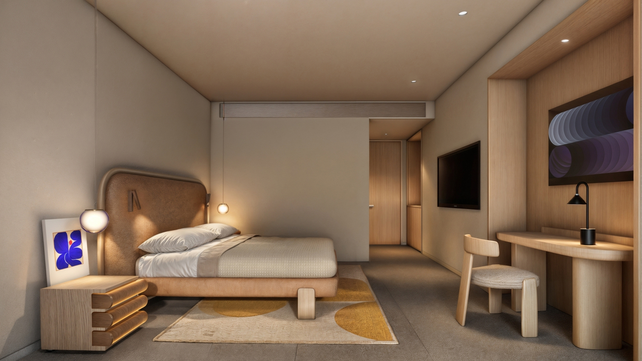 Спальня в трёхкомнатной 3 Bed-L: кожаное изголовье, телевизор и рабочий стол у стены